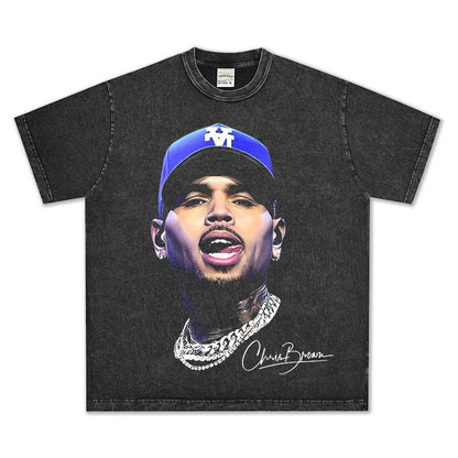 HIGH STREET HIP-HOP STAR PRINTED  VINTAGE TEE |CHRIS BROWN V6.5