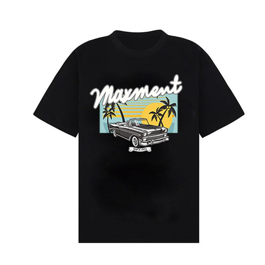 American retro car print loose casual street T-shirt for couples with round neck short sleeves